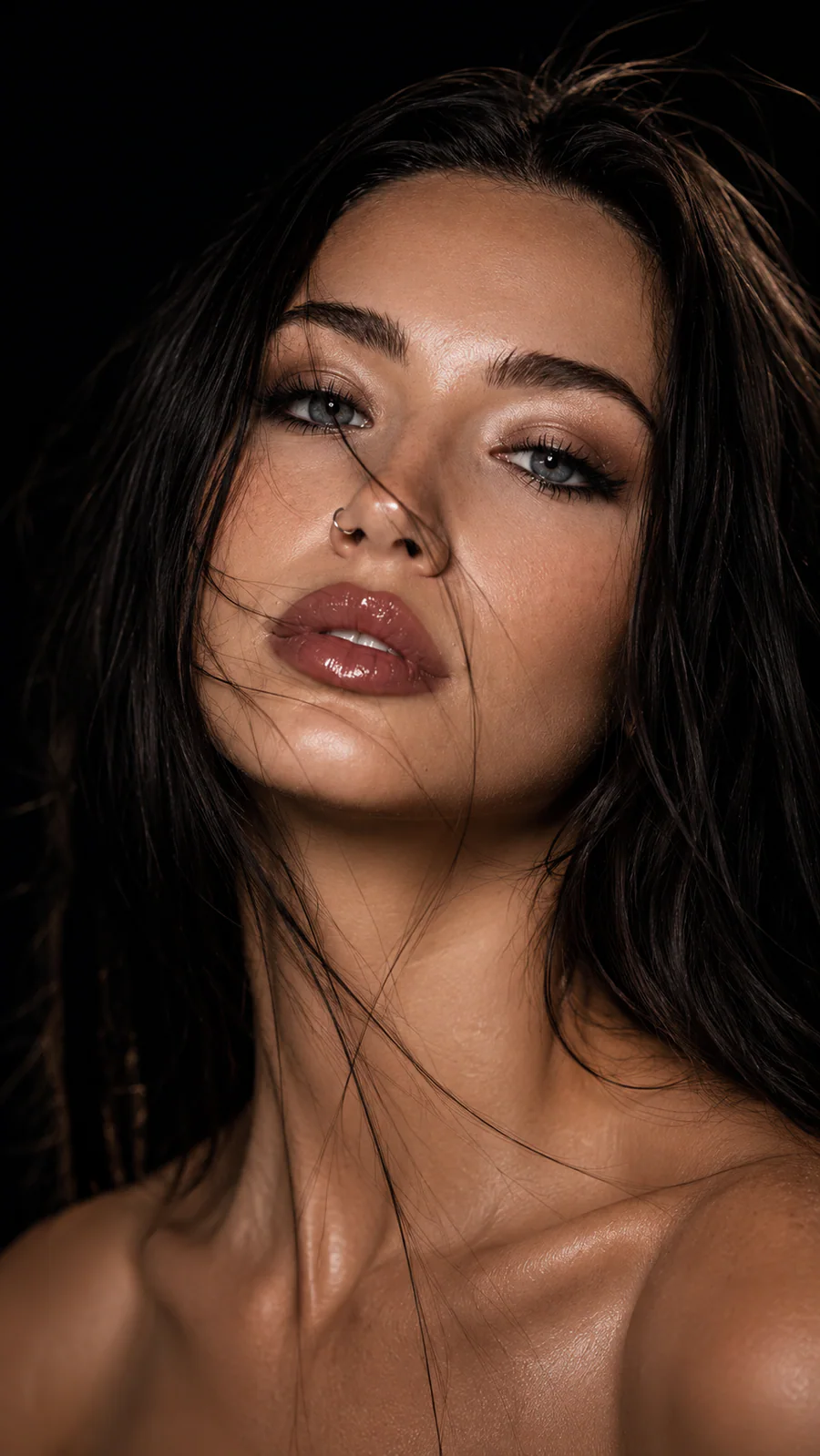 Тёмный glam-фильтр с мокрыми волосами — Промпт